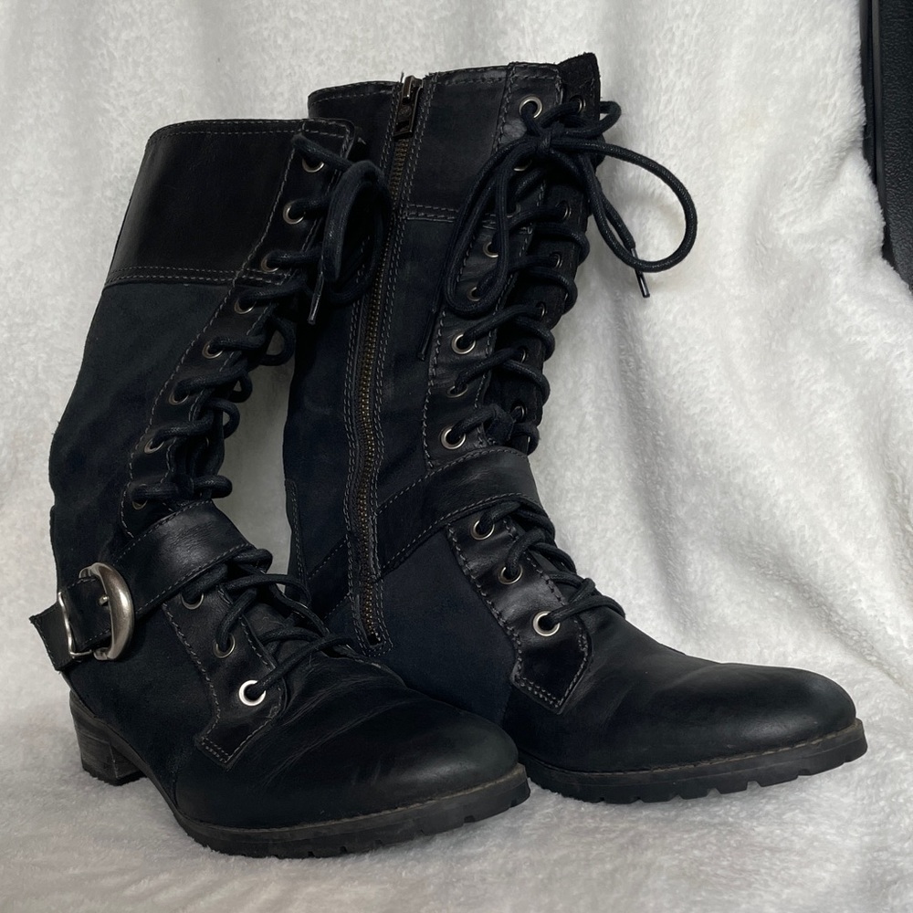 Timberland Women Black Leather & Suede Buckle Zip Moto Boots Size 8